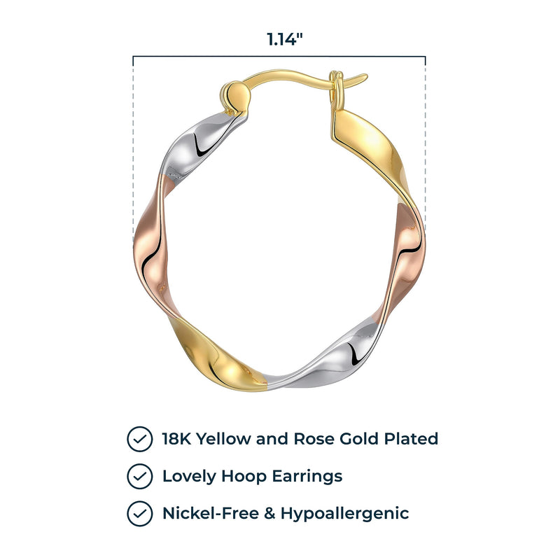 MORGAN & PAIGE .925 Sterling Silver Rhodium, 14K Rose Gold & 18K Yellow Gold Plated Three-Tone Twisted Silver Hoop Earrings for Women - Lightweight Gold Earrings for Women with Secure Latch Back Clasp