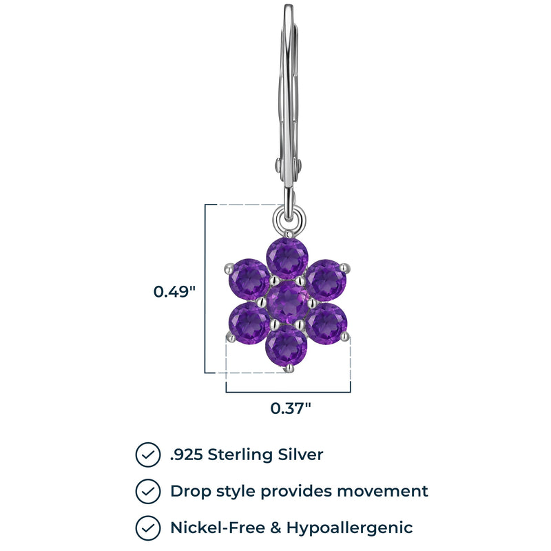 MORGAN & PAIGE .925 Sterling Silver Gemstone Birthstone Flower Cluster Leverback Dangle Drop Earrings for Women - Hypoallergenic Jewelry