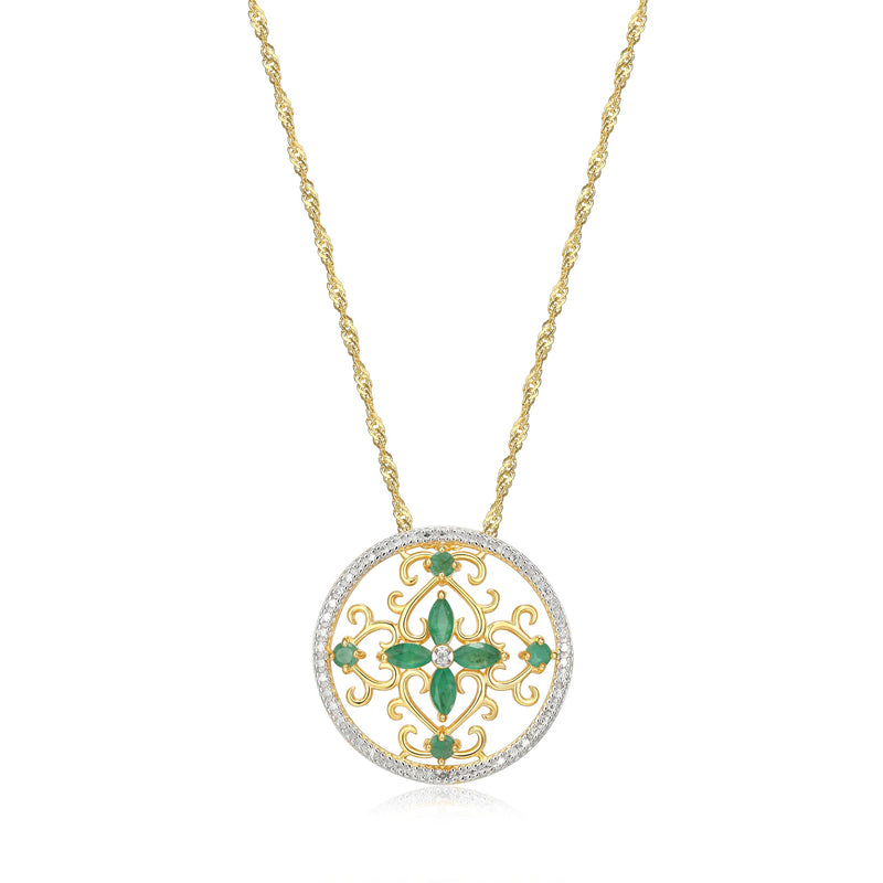 18K Yellow Gold-Plated .925 Sterling Silver Diamond-Accented Gemstone Floral Filigree Cross Round 1" Pendant Necklace on 18" Chain - Choice of Birthstones