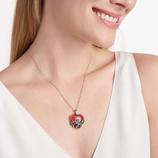 925 Sterling Silver Genuine Marcasite or Cubic Zirconia and Garnet Colored Glass Pendant Necklace, 18"