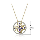 18K Yellow Gold-Plated .925 Sterling Silver Diamond-Accented Gemstone Floral Filigree Cross Round 1" Pendant Necklace on 18" Chain - Choice of Birthstones