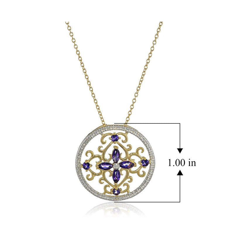 18K Yellow Gold-Plated .925 Sterling Silver Diamond-Accented Gemstone Floral Filigree Cross Round 1" Pendant Necklace on 18" Chain - Choice of Birthstones