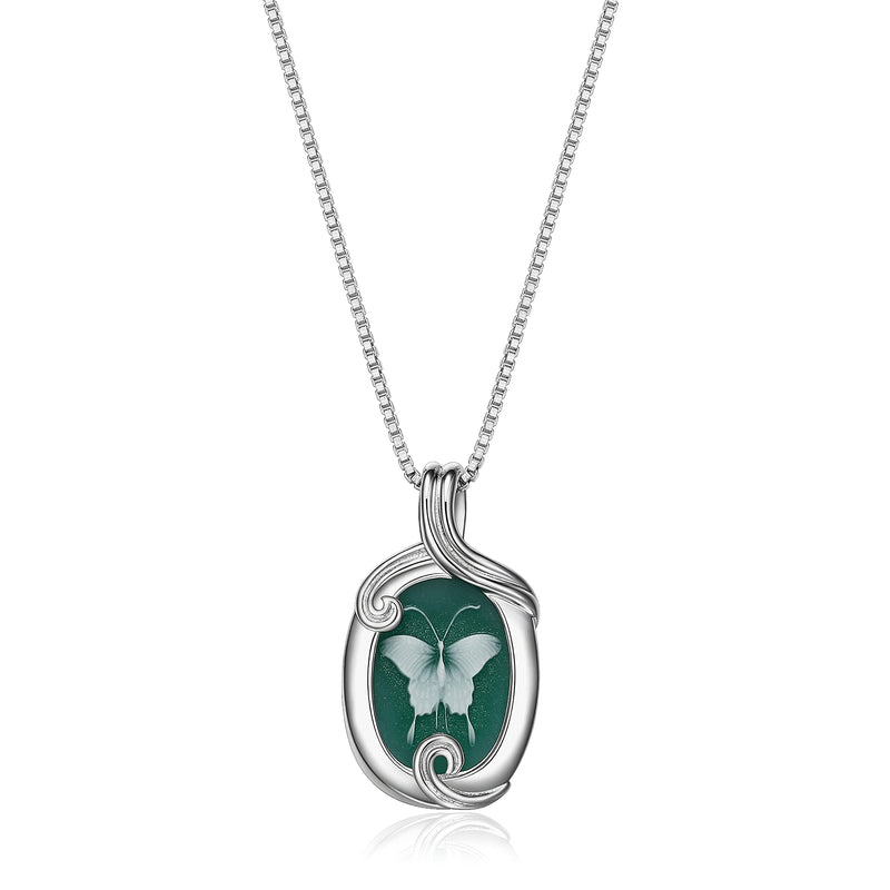 MORGAN & PAIGE .925 Sterling Silver Rhodium Plated Virgin Mary Necklace Genuine Blue Agate & Diamond or Butterfly Necklace Genuine Green Agate - Cameo Sterling Silver Jewelry Gift for Her, 18 inch