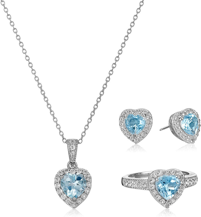 MORGAN & PAIGE .925 Sterling Silver Gemstones and White Sapphire Halo Heart Necklace, Earrings & Ring Set - Birthstone Jewelry Sets for Women, 18in Cable Chain, Size 7 Ring, Ideal Birthday Gift