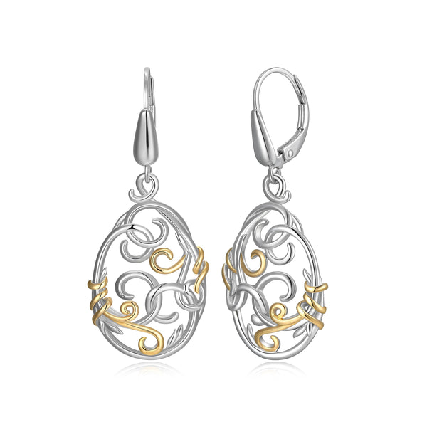 MORGAN & PAIGE 18k Yellow Gold and Rhodium Plated 925 Sterling Silver Two Tone Filigree Oval Drop Earrings