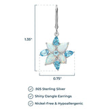 MORGAN & PAIGE Rhodium Plated Sterling Silver, Created Opal and Genuine Swiss Blue Topaz Flower 3-prong setting Leverback Dangle Earrings or 18" Pendant Necklace