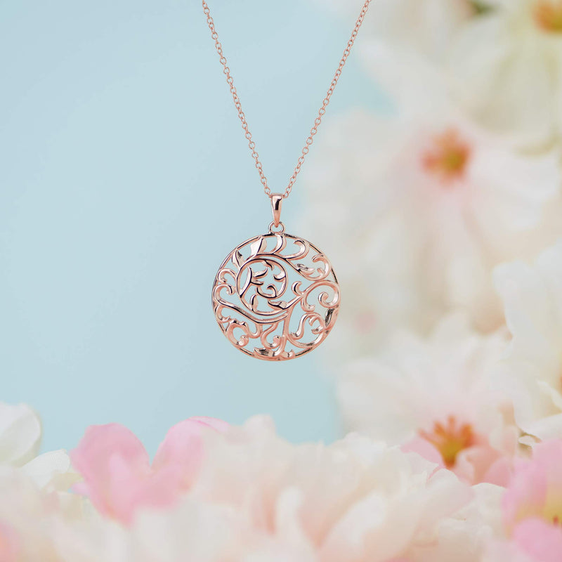 18K Yellow Gold or 14K Rose Gold Plated 925 Sterling Silver Filigree Round Flower Pendant Necklace or Drop Earrings