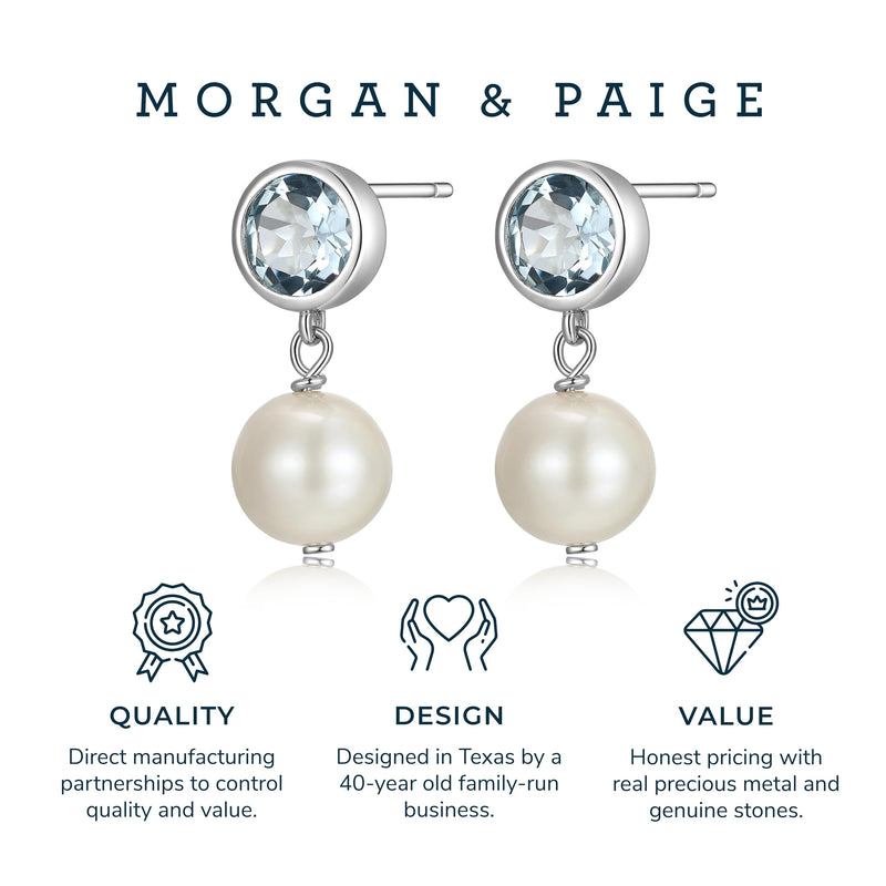 MORGAN & PAIGE 925 Sterling Silver Bezel-Set Gemstone Birthstone and 8mm White Freshwater Cultured Pearl Post Drop Earrings