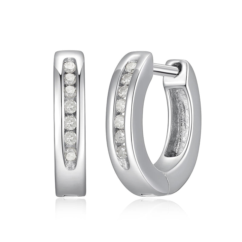 MORGAN & PAIGE Rhodium Plated .925 Sterling Silver 1/10 Cttw Diamond Petite 1/2" Huggie Earrings with Snap-Down Posts (I-J Color, I2-I3 Clarity)