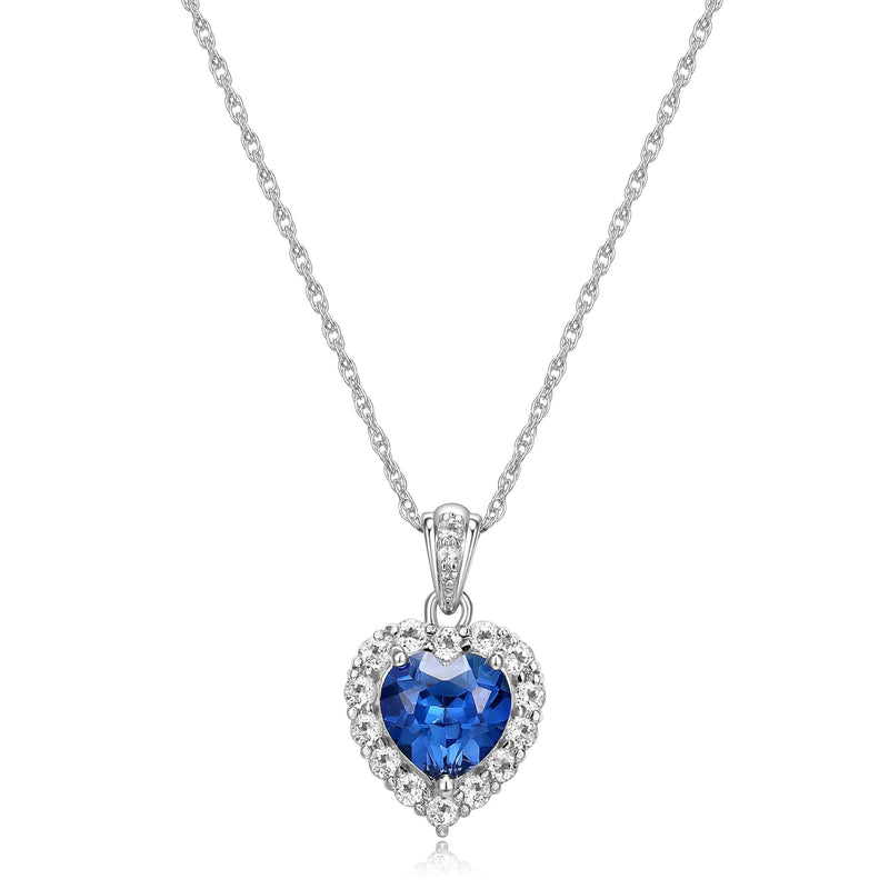 MORGAN & PAIGE Platinum-Plated .925 Sterling Silver Gemstone 1/2" Heart Pendant with White Topaz Halo on 18" Chain - Choice of Birthstone Colors