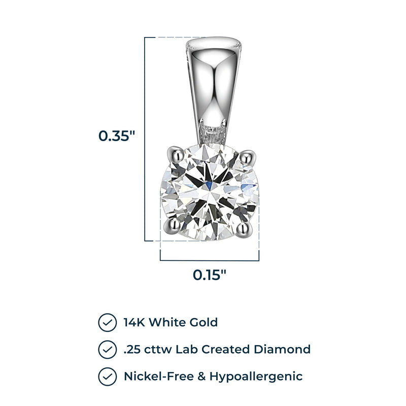 Rhodium-Plated 14K White Gold Solitaire Diamond Pendant Necklace, with Carat Lab Grown Diamond, 14 Karat White Gold Rope Chain, Lab Grown Diamond Necklaces for Women