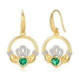 18K Yellow Gold Plated .925 Sterling Silver Created Gemstone Diamond-Accent Round Claddagh Heart 1" Drop Earrings (I-J / I3) - Choice of Gem Colors