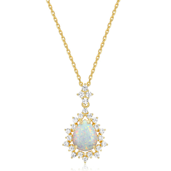 MORGAN & PAIGE 14K Gold-Plated Sterling Silver Opal Necklace - Hypoallergenic Opal Necklace for Women with Scalloped White Sapphire Halo - Gold Opal Pendant Necklace