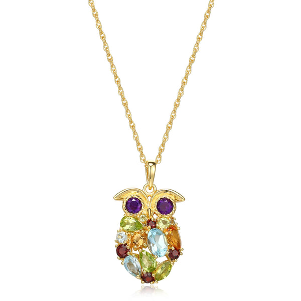 MORGAN & PAIGE 18k Yellow Gold Plated Sterling Silver Genuine Multi Gemstone Owl Pendant Necklace, 18"