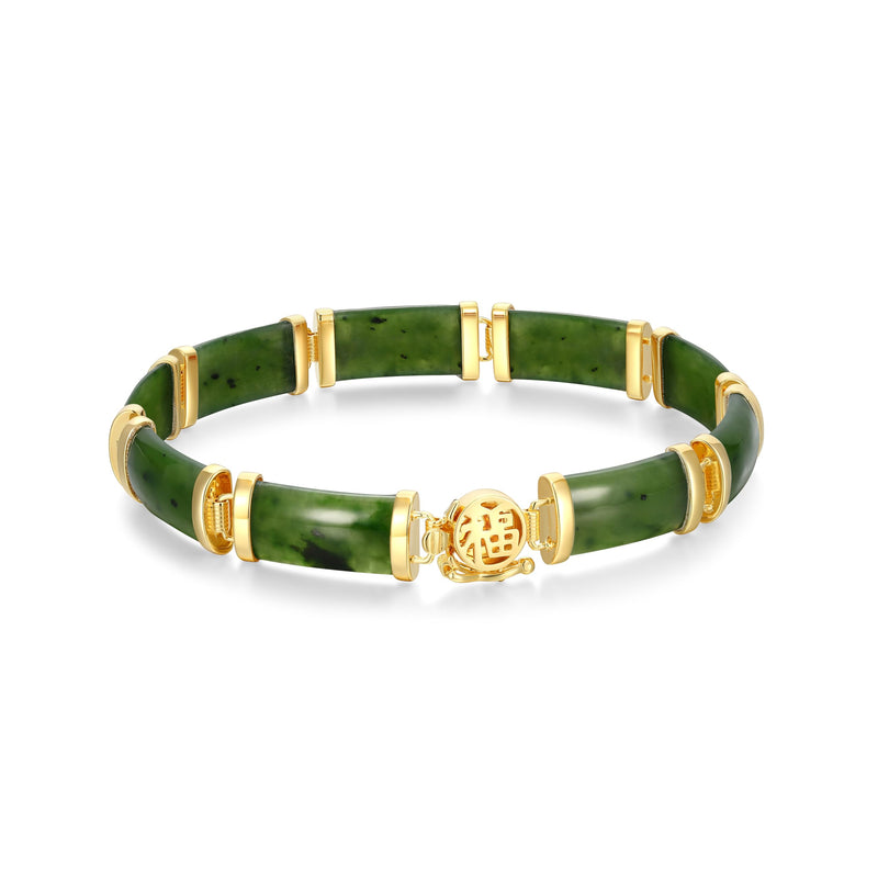 18K Yellow Gold Sterling Silver Link Bracelet for Women, Genuine Green Jade, Jadeite or Nephrite, Hypoallergenic and Nickel-Free, 7.25", Chinese Motif, Elegant Gift Box Included