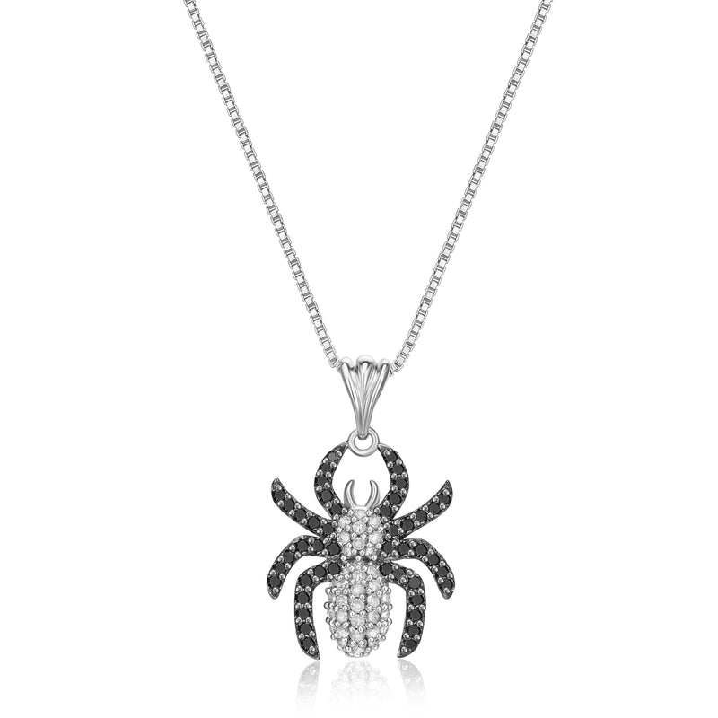 Sterling Silver Black and White Diamond Turtle, Whale, Penguin and Spider Pendant Necklace, 18"