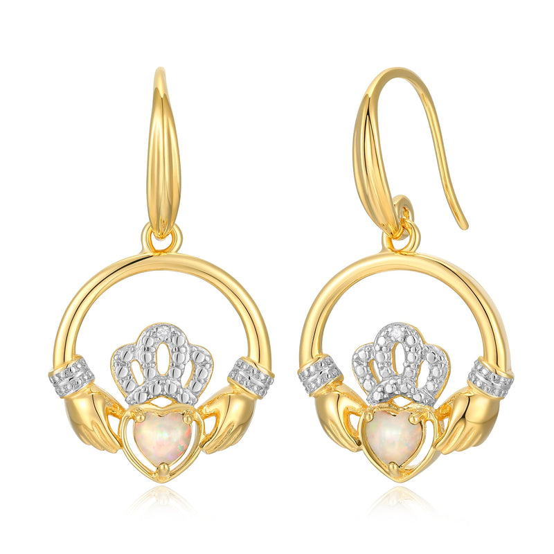 18K Yellow Gold Plated .925 Sterling Silver Created Gemstone Diamond-Accent Round Claddagh Heart 1" Drop Earrings (I-J / I3) - Choice of Gem Colors