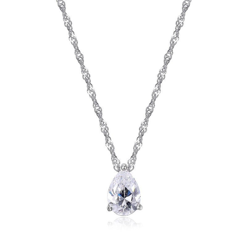 MORGAN & PAIGE .925 Sterling Silver Platinum Plated Solitaire 3/8" Cubic Zirconia Necklace - Emerald Cut or Pear Teardrop Dainty Diamond Necklaces for Women, Crystal Jewelry 18 inch