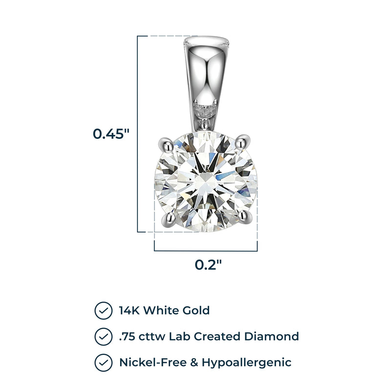 Rhodium-Plated 14K White Gold Solitaire Diamond Pendant Necklace, with Carat Lab Grown Diamond, 14 Karat White Gold Rope Chain, Lab Grown Diamond Necklaces for Women