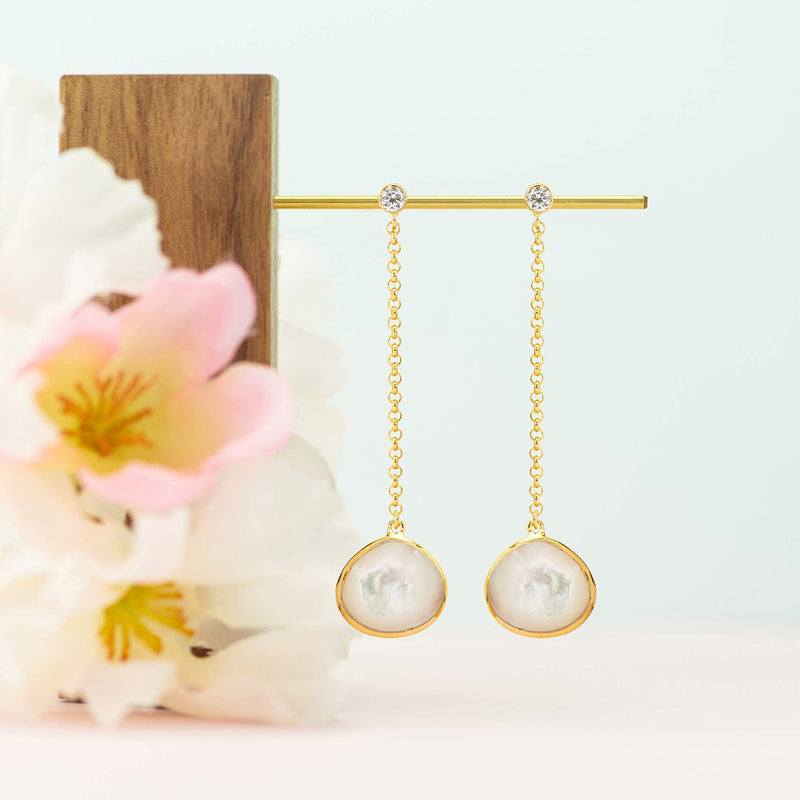 MORGAN & PAIGE 18K Yellow Gold Plated Sterling Silver Genuine Mother of Pearl Stud Earrings or Long Drop Earrings