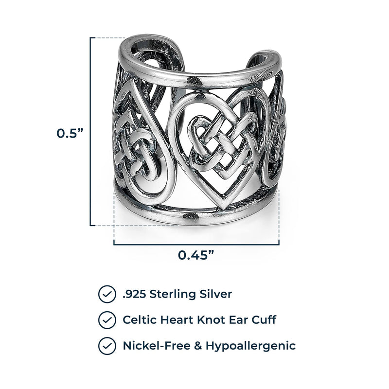 MORGAN & PAIGE .925 Sterling Silver Celtic Heart Knot Ear Cuff Earrings for Women - Rose Gold, Yellow Gold Plated or Oxidized Silver Ear Cuffs Non Piercing, Cartilage Earring Silver Ear Clips Jewelry