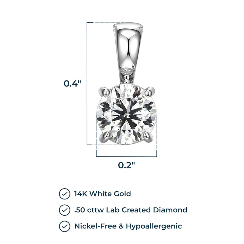 Rhodium-Plated 14K White Gold Solitaire Diamond Pendant Necklace, with Carat Lab Grown Diamond, 14 Karat White Gold Rope Chain, Lab Grown Diamond Necklaces for Women