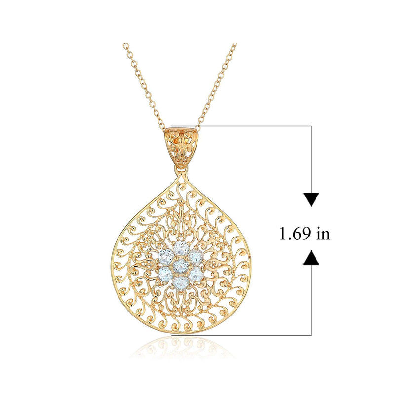 18K Yellow Gold-Plated .925 Sterling Silver Gemstone Evil Eye Teardrop Filigree 1-5/8" Pendant Necklace on 18" Chain - Choice of Birthstones