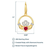 18K Yellow Gold Plated .925 Sterling Silver Created Gemstone Diamond-Accent Round Claddagh Heart 1" Drop Earrings (I-J / I3) - Choice of Gem Colors