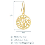 18K Yellow Gold or 14K Rose Gold Plated 925 Sterling Silver Filigree Round Flower Pendant Necklace or Drop Earrings