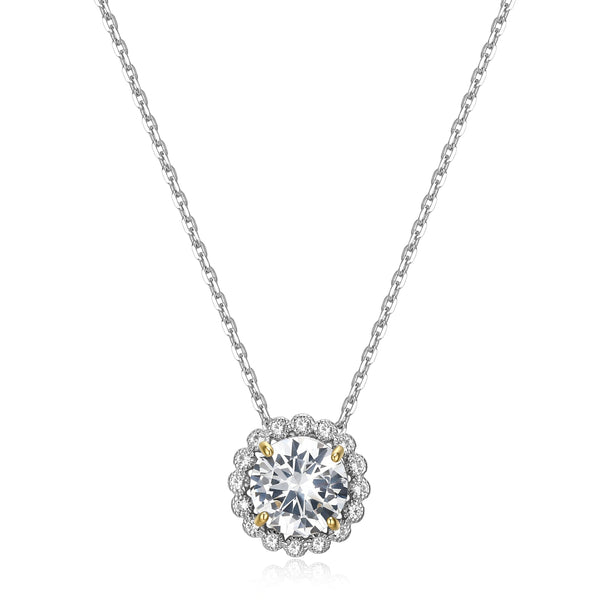 MORGAN & PAIGE Lab Created Gemstone Halo Circle Pendant Necklace on Rhodium-Plated Sterling Silver Diamond Cut Cable Chain, White Sapphire Necklace, Pendant Necklace for Women