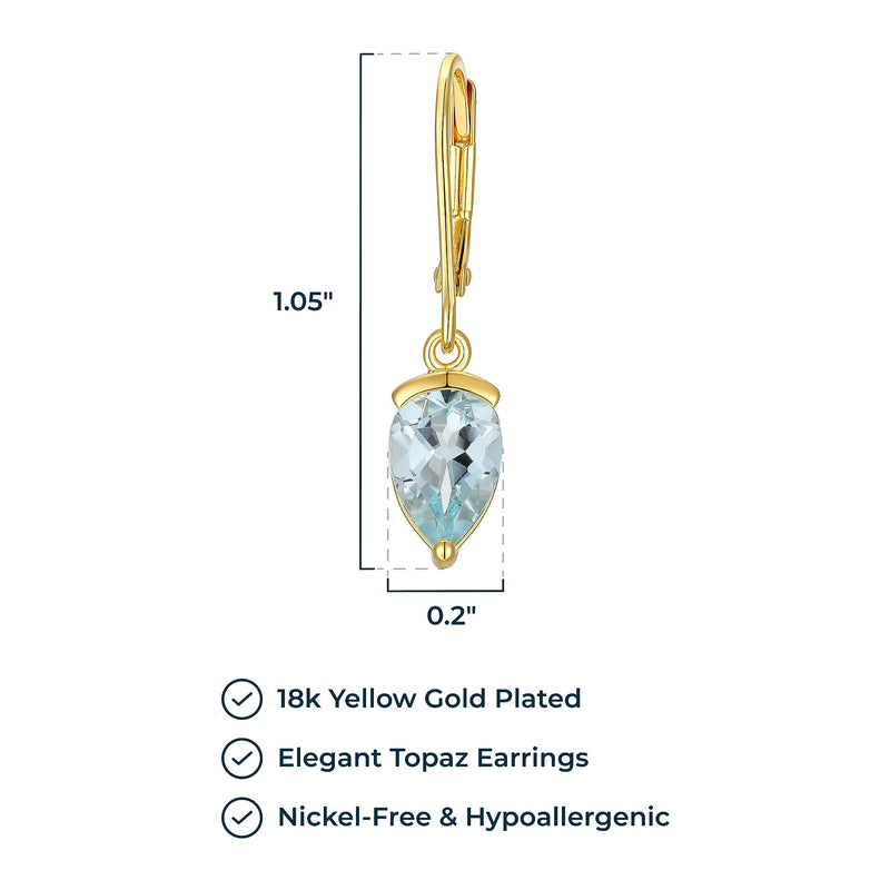 MORGAN & PAIGE 18K Yellow Gold Plated Sterling Silver 3-prong setting Sky Blue Topaz Teardrop Leverback 1" Dangle Drop Earrings