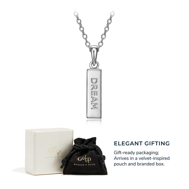 MORGAN & PAIGE .925 Sterling Silver Rhodium Plated Vertical Bar Sentiment Pendant Necklace - Lightweight Dainty Necklace for Women Sterling Silver Necklace, Jewelry Gifts 18" Rope Chain