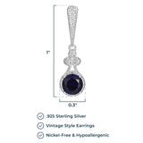 MORGAN & PAIGE .925 Sterling Silver Round Created Blue Sapphire and White Sapphire Accented Art Nouveau Style Vintage-Inspired 1" Drop Earrings