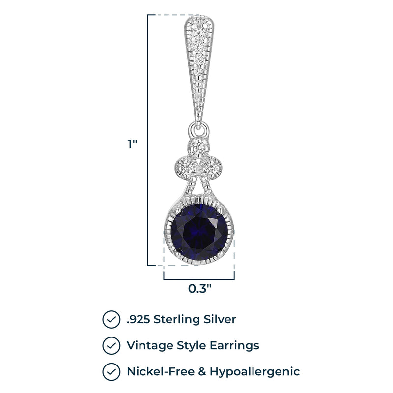 MORGAN & PAIGE .925 Sterling Silver Round Created Blue Sapphire and White Sapphire Accented Art Nouveau Style Vintage-Inspired 1" Drop Earrings