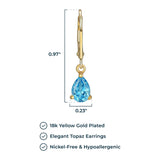 MORGAN & PAIGE 18K Gold Plated .925 Sterling Silver Swiss Blue Topaz Pear Cut 7x5mm Leverback 1" Dangle Earrings