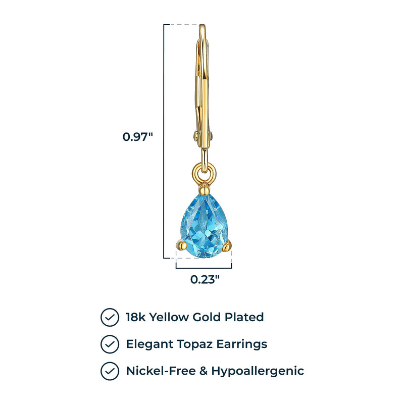 MORGAN & PAIGE 18K Gold Plated .925 Sterling Silver Swiss Blue Topaz Pear Cut 7x5mm Leverback 1" Dangle Earrings