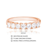 MORGAN & PAIGE .925 Sterling Silver Wedding Bands for Women, Cubic Zirconia Ring Stackable Round 7 Stone Prong Setting - Platinum, Yellow Gold or Rose Gold Plated Wedding Rings for Women Size 6-9