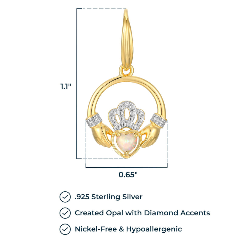 18K Yellow Gold Plated .925 Sterling Silver Created Gemstone Diamond-Accent Round Claddagh Heart 1" Drop Earrings (I-J / I3) - Choice of Gem Colors