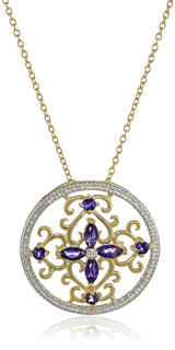 18K Yellow Gold-Plated .925 Sterling Silver Diamond-Accented Gemstone Floral Filigree Cross Round 1" Pendant Necklace on 18" Chain - Choice of Birthstones