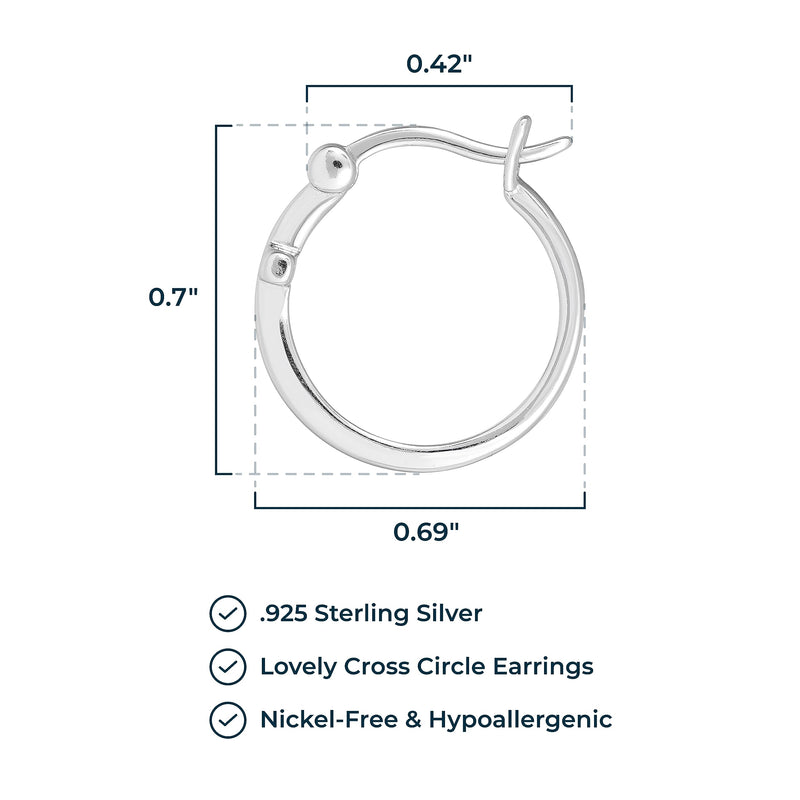 MORGAN & PAIGE .925 Sterling Silver Rhodium Plated Cross Circle Hoop Earrings or Small Stud Earrings for Women - Lightweight Dainty Sterling Silver Earrings, Hypoallergenic Religious Faith Jewelry