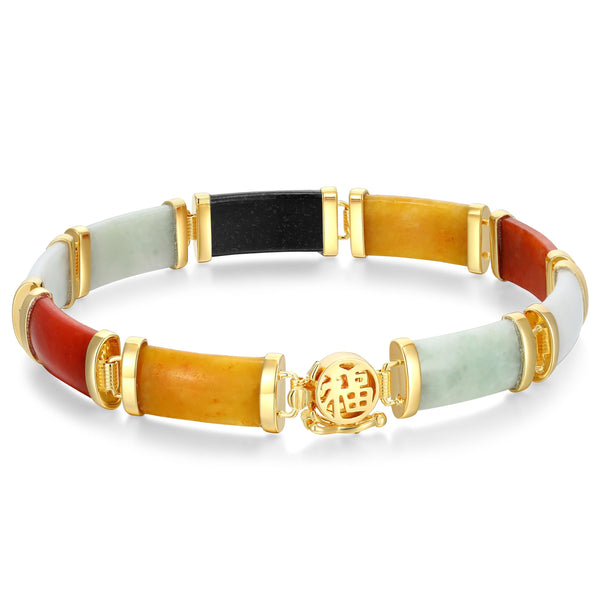 18K Yellow Gold Plated 925 Sterling Silver Genuine Multi-Color Jade Rectangle Link Bracelet, 7.25"