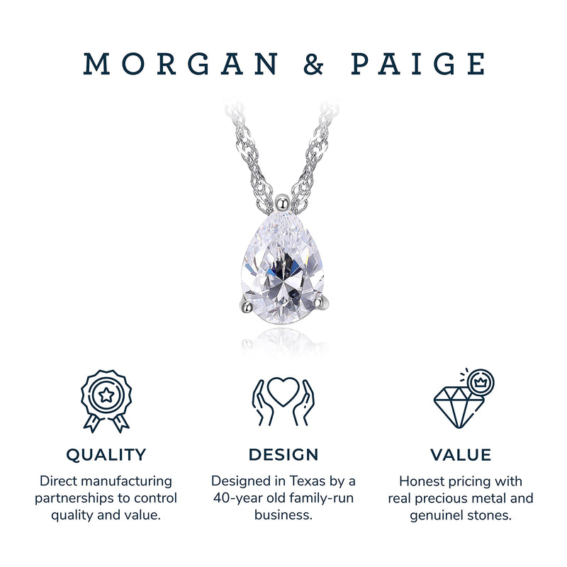 MORGAN & PAIGE .925 Sterling Silver Platinum Plated Solitaire 3/8" Cubic Zirconia Necklace - Emerald Cut or Pear Teardrop Dainty Diamond Necklaces for Women, Crystal Jewelry 18 inch