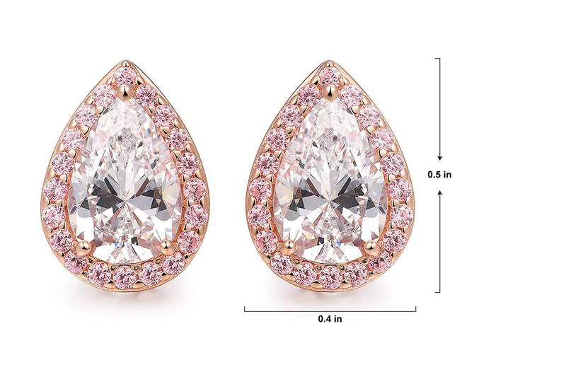 14K Rose Gold Plated 925 Sterling Silver White and Pink Cubic Zirconia Teardrop Halo Stud Earrings or Pendant Necklace