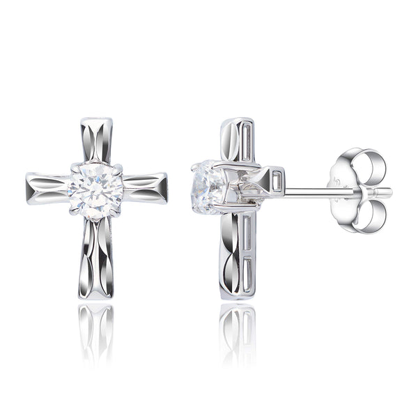 MORGAN & PAIGE Rhodium-Plated Sterling Silver Cubic Zirconia Cross 4-prong setting Stud Earrings