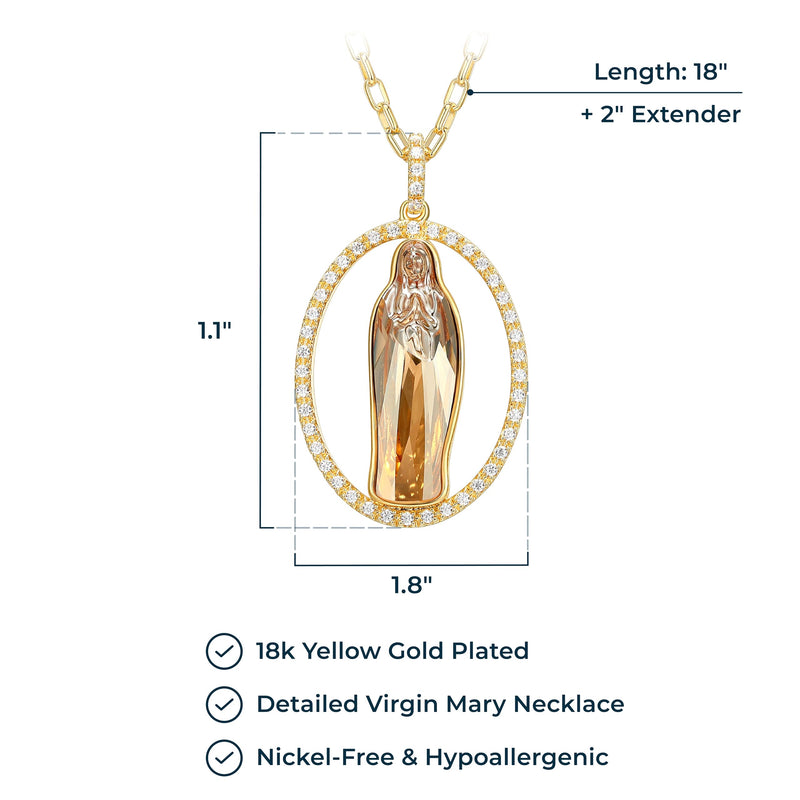 Morgan & Paige Crystal Blessed Virgin Mary Fine Silver or 18K Yellow Gold Plated Bronze Pendant Necklace, 18"