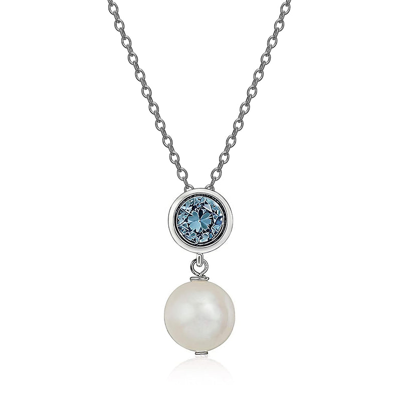 MORGAN & PAIGE .925 Sterling Silver Rhodium Plated Birthstone Necklace - Elegant Freshwater Cultured Pearl Necklace and Gemstone Necklace, Bezel-Set Pearl Drop Necklaces for Women Jewelry 18"