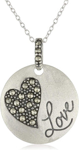 MORGAN & PAIGE Sterling Silver Genuine Marcasite Heart Love Sentiment Disc Pendant Necklace, 18"