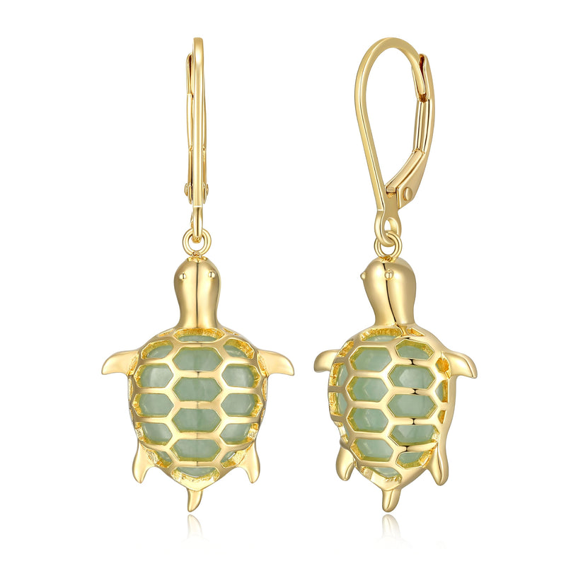 Turtle Dangle Earrings - 14k Gold-Plated Sterling Silver, Genuine Green Jade, Hypoallergenic, Elegant Gift Box Included