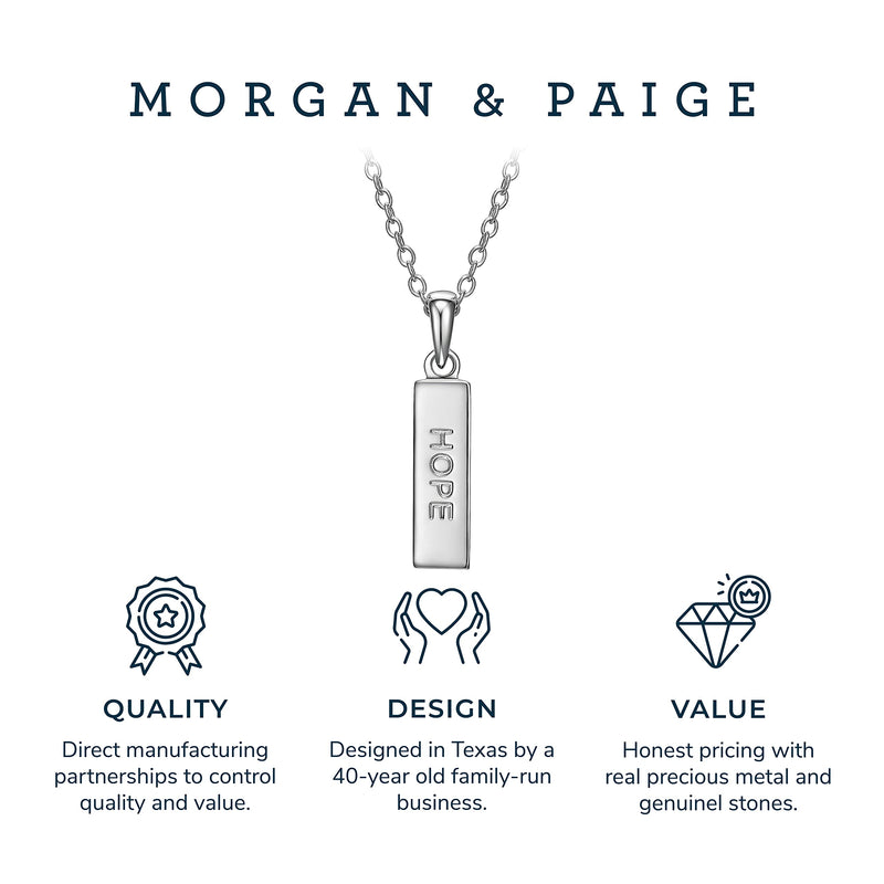 MORGAN & PAIGE .925 Sterling Silver Rhodium Plated Vertical Bar Sentiment Pendant Necklace - Lightweight Dainty Necklace for Women Sterling Silver Necklace, Jewelry Gifts 18" Rope Chain