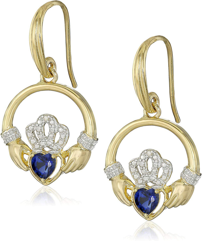 18K Yellow Gold Plated .925 Sterling Silver Created Gemstone Diamond-Accent Round Claddagh Heart 1" Drop Earrings (I-J / I3) - Choice of Gem Colors